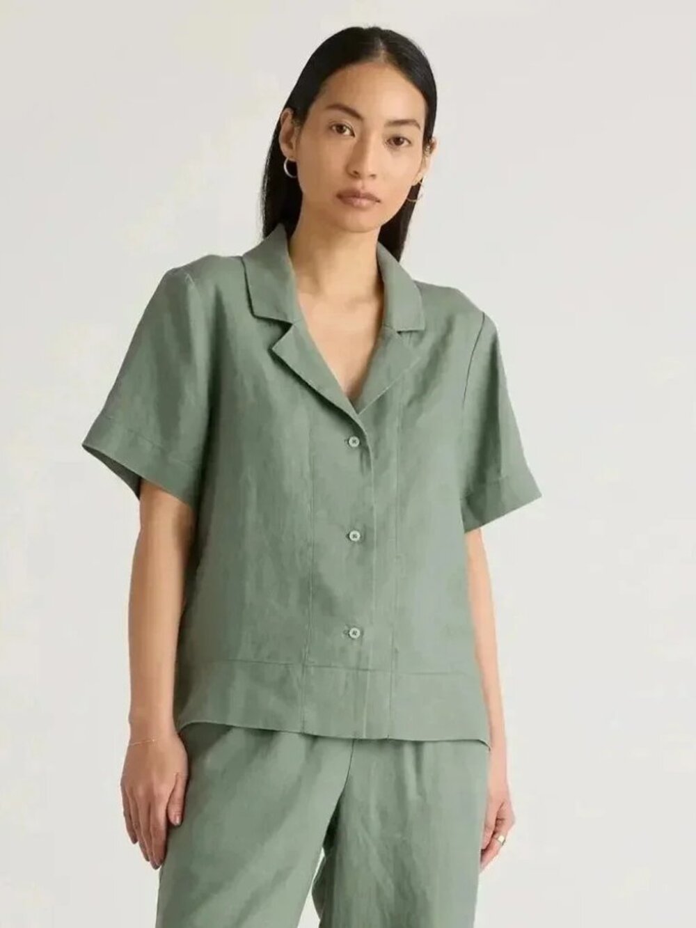 Quince European Linen Short-Sleeve Button Down Shirt Sage Green XL